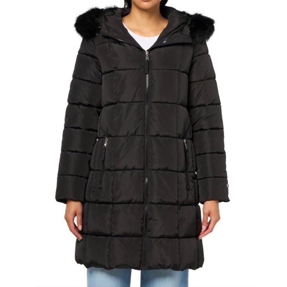 Tommy Hilfiger Women's Black Heavy Weight Puffer Jacket Hooded Faux Fur Size XL